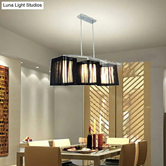 Traditional Black Pendant Light With Rectangular Fabric Shade - 3-Light Dining Room Island Lighting