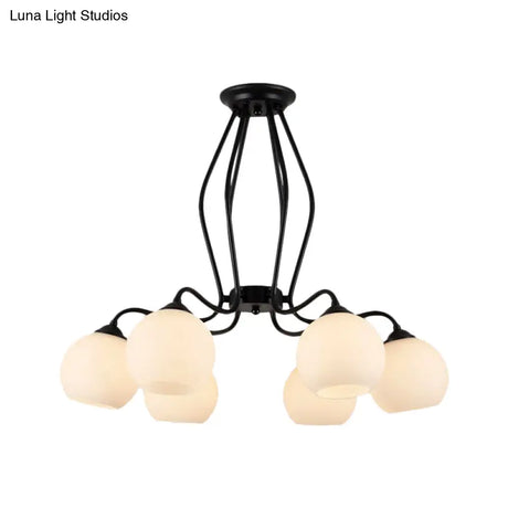 Traditional Black Semi Flush Ceiling Light Fixture With White Glass Shades - 3/6/8 Lights For