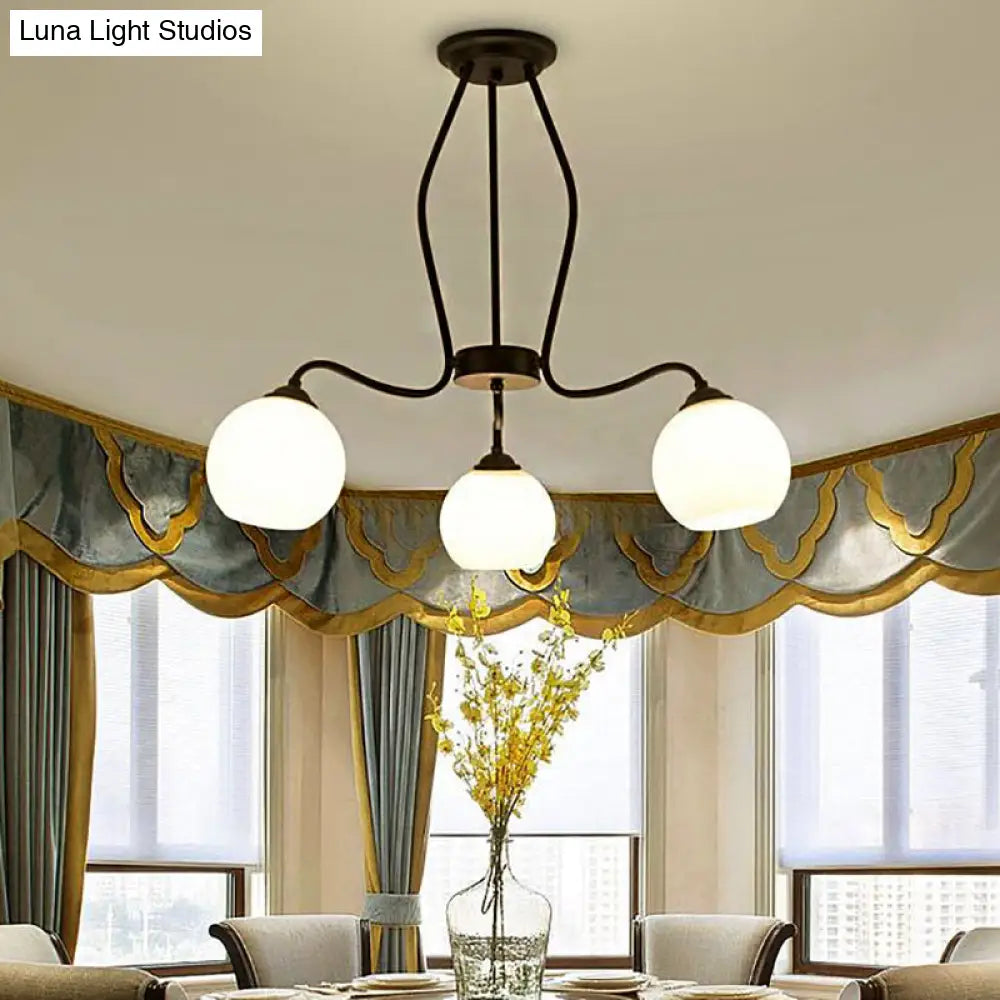 Traditional Black Semi Flush Ceiling Light Fixture With White Glass Shades - 3/6/8 Lights For