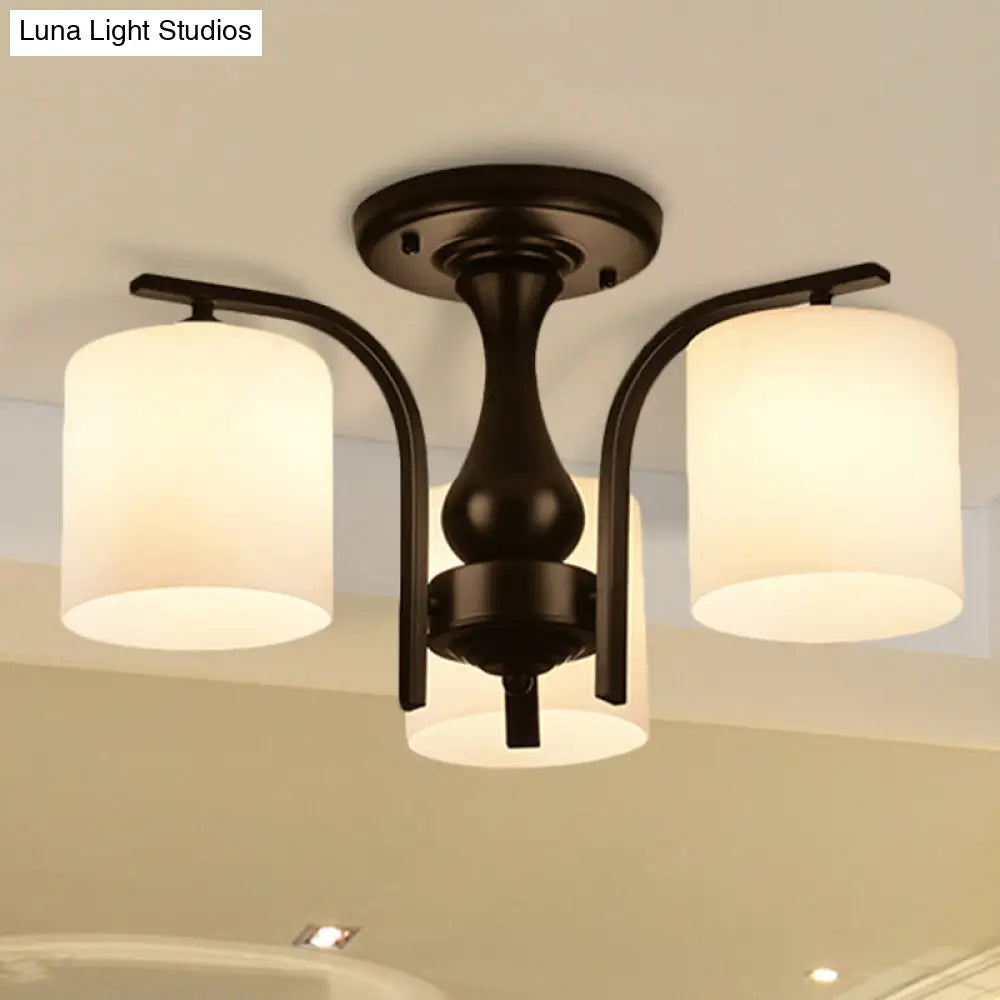 Traditional Black Semi Flush Mount Ceiling Light With Frosted Cylinder Glass Shades - Ideal For