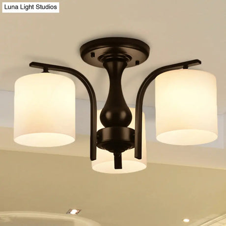Traditional Black Semi Flush Mount Ceiling Light With Frosted Cylinder Glass Shades - Ideal For