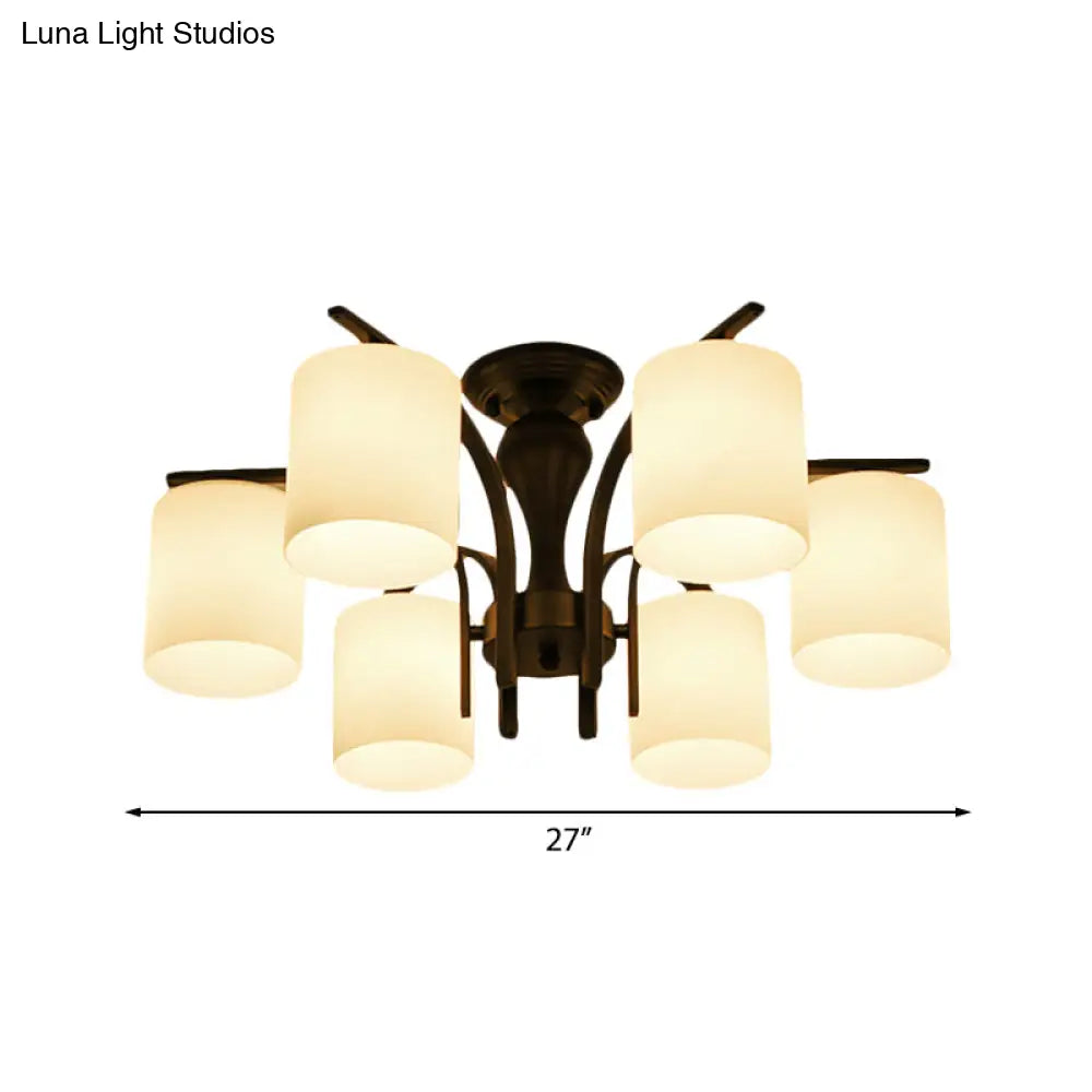 Traditional Black Semi Flush Mount Ceiling Light With Frosted Cylinder Glass Shades - Ideal For