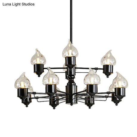Traditional Black Two-Tiered Pendant Chandelier With 12 Candle Shades - Metal Hanging Fixture For