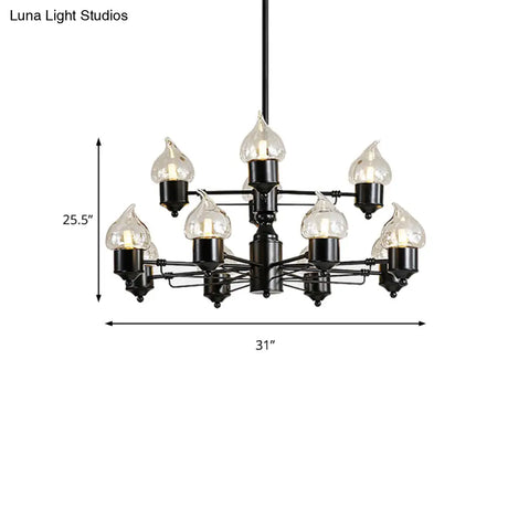 Traditional Black Two-Tiered Pendant Chandelier With 12 Candle Shades - Metal Hanging Fixture For