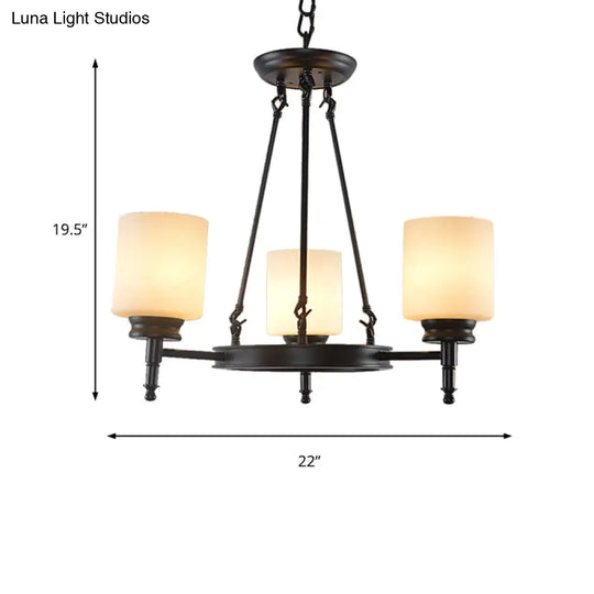 Traditional Black Wheel Chandelier With Frosted Glass Shades - 3/6 Lights Elegant Hanging Ceiling