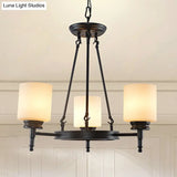 Traditional Black Wheel Chandelier With Frosted Glass Shades - 3/6 Lights Elegant Hanging Ceiling