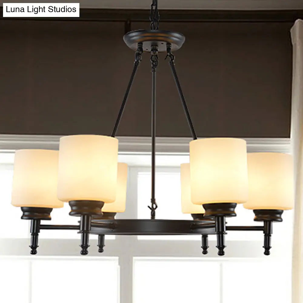 Traditional Black Wheel Chandelier With Frosted Glass Shades - 3/6 Lights Elegant Hanging Ceiling