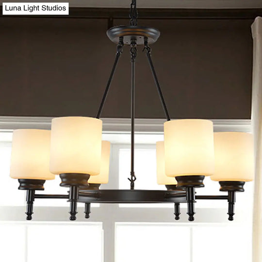Traditional Black Wheel Chandelier With Frosted Glass Shades - 3/6 Lights Elegant Hanging Ceiling