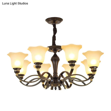Traditional Blossom Chandelier - White Frosted Glass Ceiling Lamp Fixture In Black