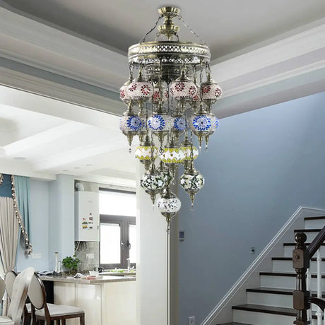 Traditional Blue Art Glass Chandelier: Oval Stained Ceiling Pendant Light