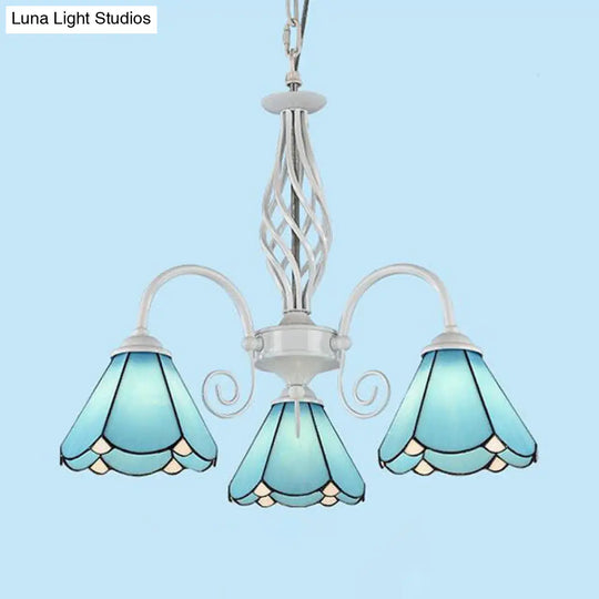 Traditional 3-Light Blue Glass Cone Chandelier For Dining Room With Hanging Chain