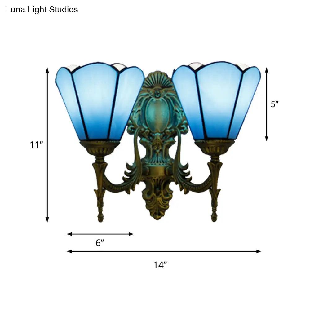 Traditional Blue Glass Cone Wall Sconce: Double Mount Lighting For Dining Room