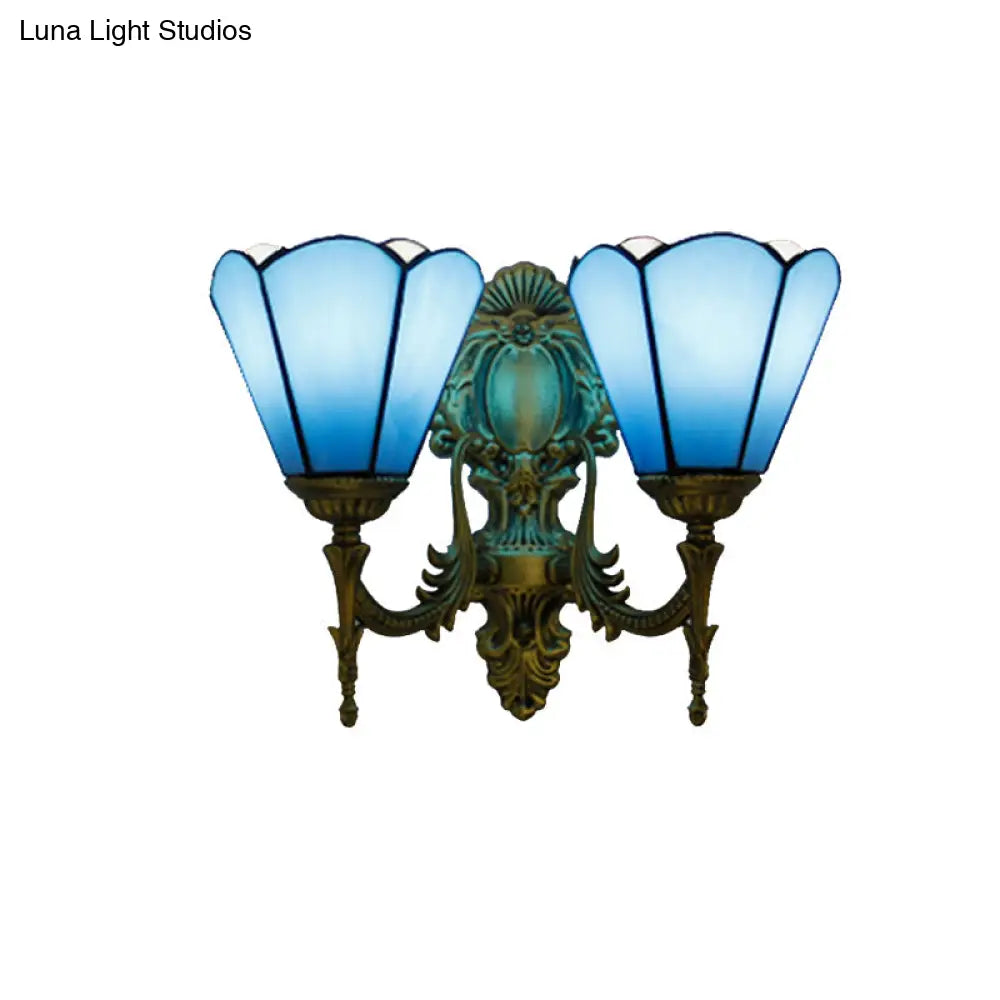 Traditional Blue Glass Cone Wall Sconce: Double Mount Lighting For Dining Room
