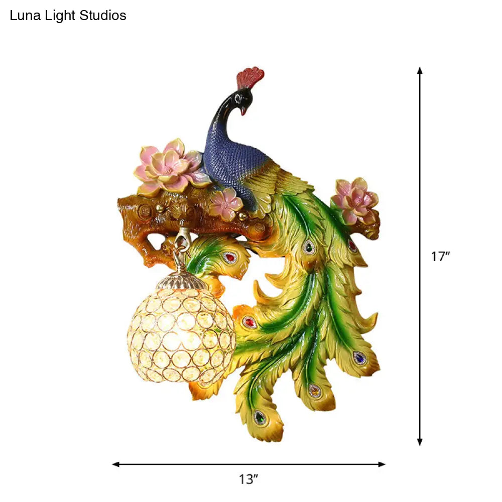 Traditional Blue-Green Bedroom Sconce With Peacock And Flower Design Single Head Wall Lighting