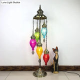 Traditional Brass 5-Light Standing Floor Lamp With Ribbed Glass Teardrop Shades For Living Room