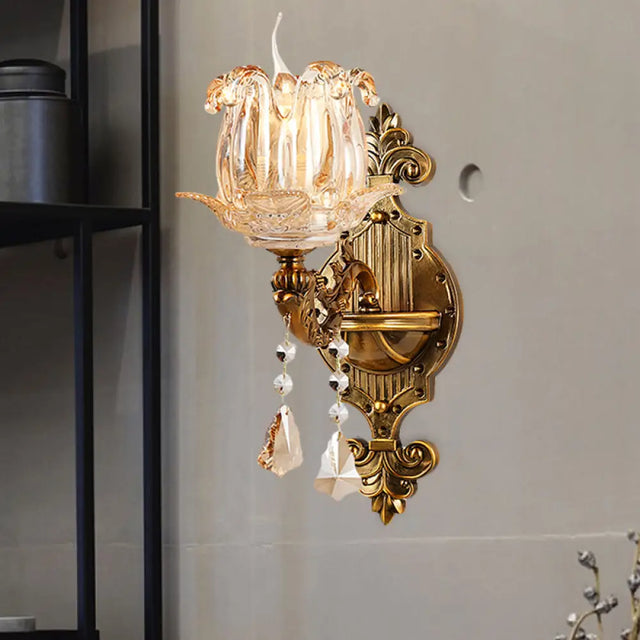 Traditional Brass Crystal Flower Wall Sconce For Hallway Half-Light And Antiqued Finish 1 /