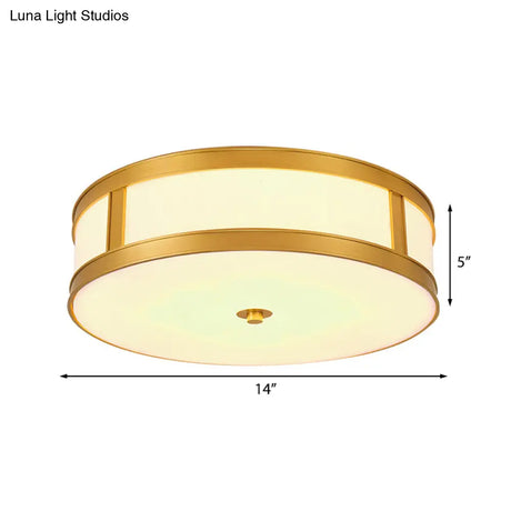 Traditional Brass Drum Flush Mount Ceiling Light Fixture With White Glass - 4 Lights 14’/18’ Width