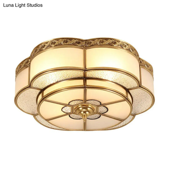Traditional Brass Finish Ceiling Mount Lamp With Frost Glass - Flower Corridor Flush Light Fixture