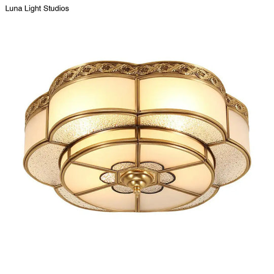 Traditional Brass Finish Ceiling Mount Lamp With Frost Glass - Flower Corridor Flush Light Fixture
