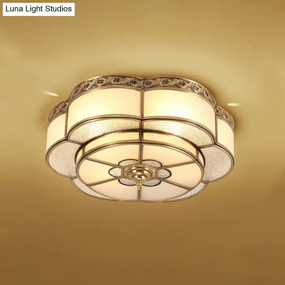 Traditional Brass Finish Ceiling Mount Lamp With Frost Glass - Flower Corridor Flush Light Fixture 3