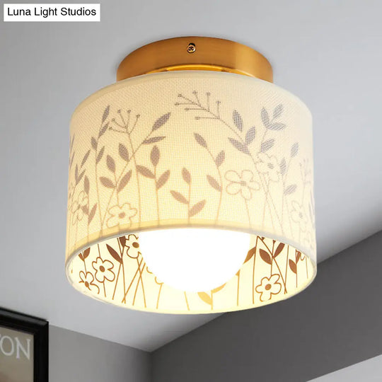 Traditional Brass Finish Semi Flush Mount Light With Elk/Leaf Pattern And Drum Shade / Leaf