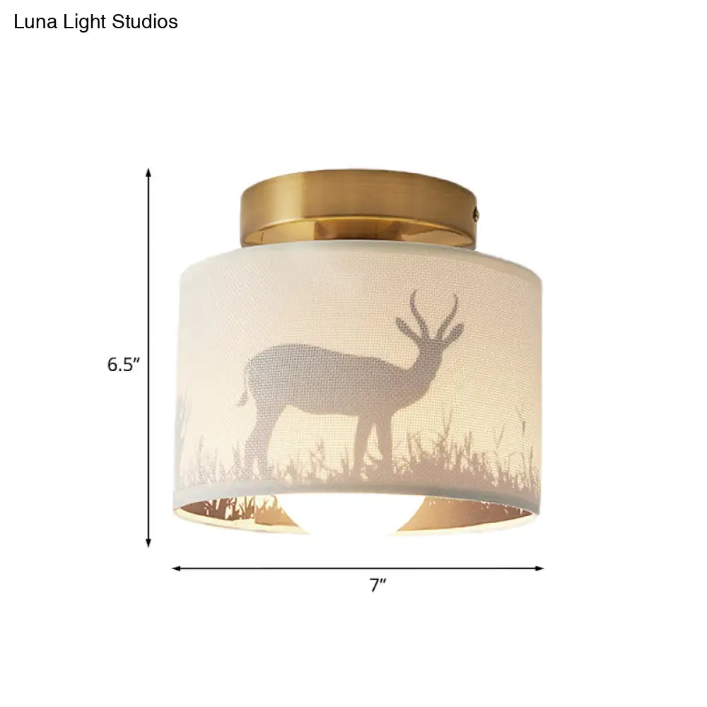Traditional Brass Finish Semi Flush Mount Light With Elk/Leaf Pattern And Drum Shade