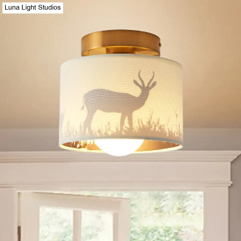 Traditional Brass Finish Semi Flush Mount Light With Elk/Leaf Pattern And Drum Shade / Elk