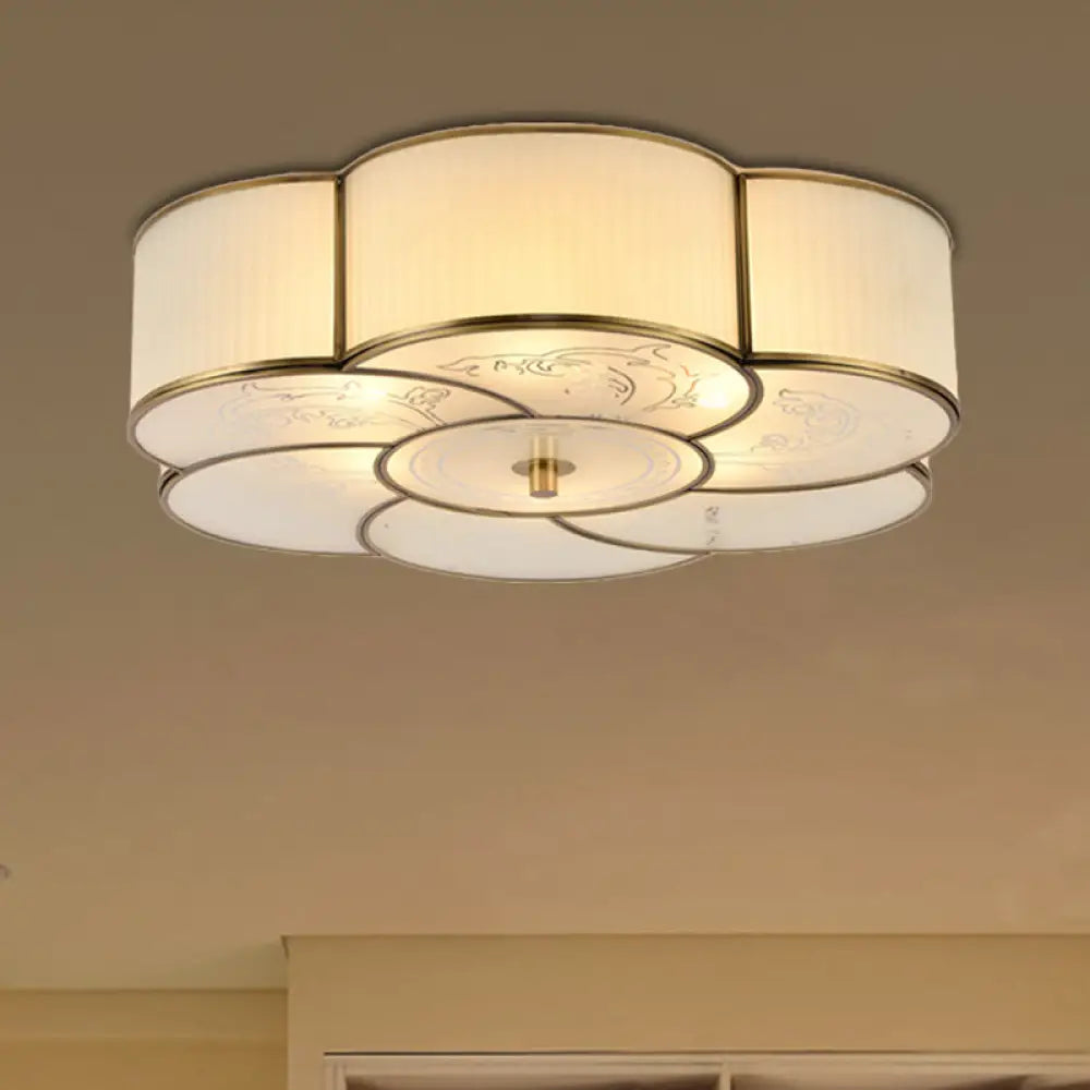 Traditional Brass Floral Flush Mount Lamp For Bedroom With Frosted Glass 4 /