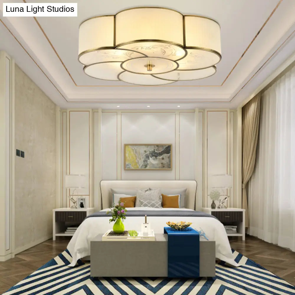 Traditional Brass Floral Flush Mount Lamp For Bedroom With Frosted Glass