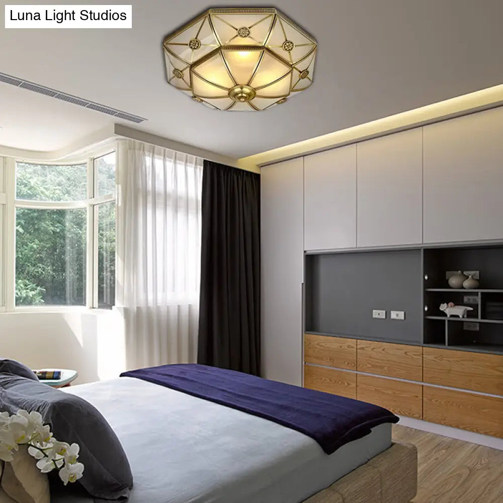 Traditional Brass Flush Mount Ceiling Light Fixture With Frosted Glass Flower Design For Bedroom