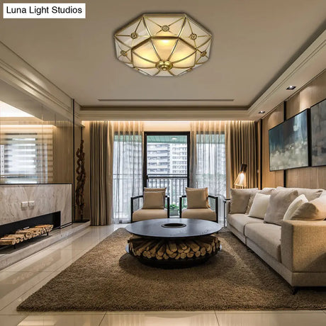 Traditional Brass Flush Mount Ceiling Light Fixture With Frosted Glass Flower Design For Bedroom