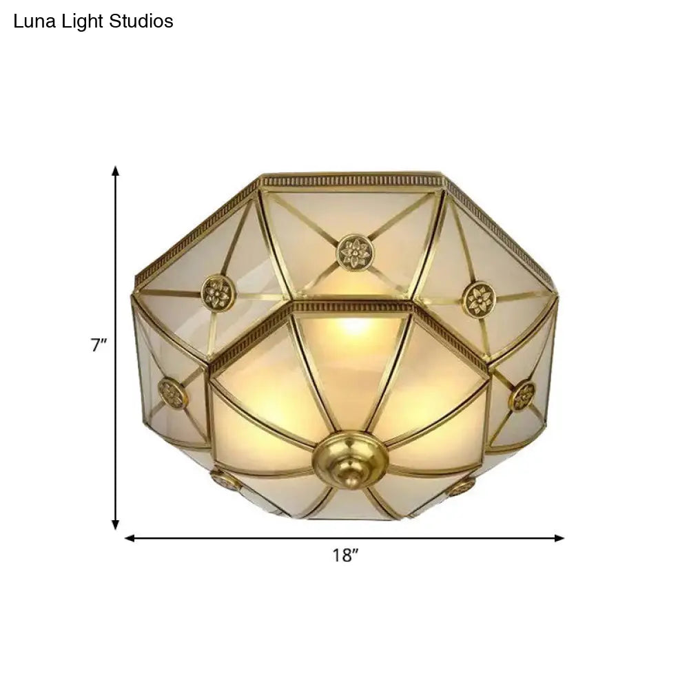 Traditional Brass Flush Mount Ceiling Light Fixture With Frosted Glass Flower Design For Bedroom