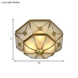 Traditional Brass Flush Mount Ceiling Light Fixture With Frosted Glass Flower Design For Bedroom