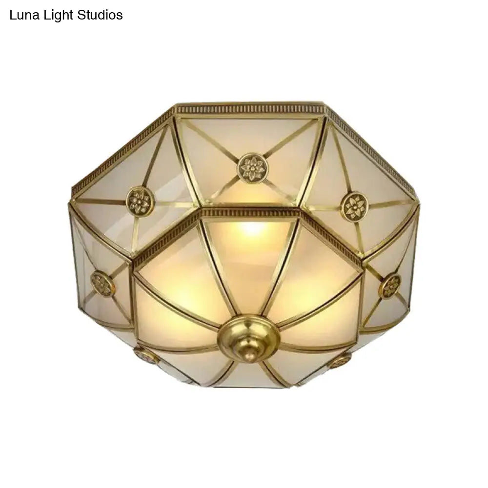 Traditional Brass Flush Mount Ceiling Light Fixture With Frosted Glass Flower Design For Bedroom