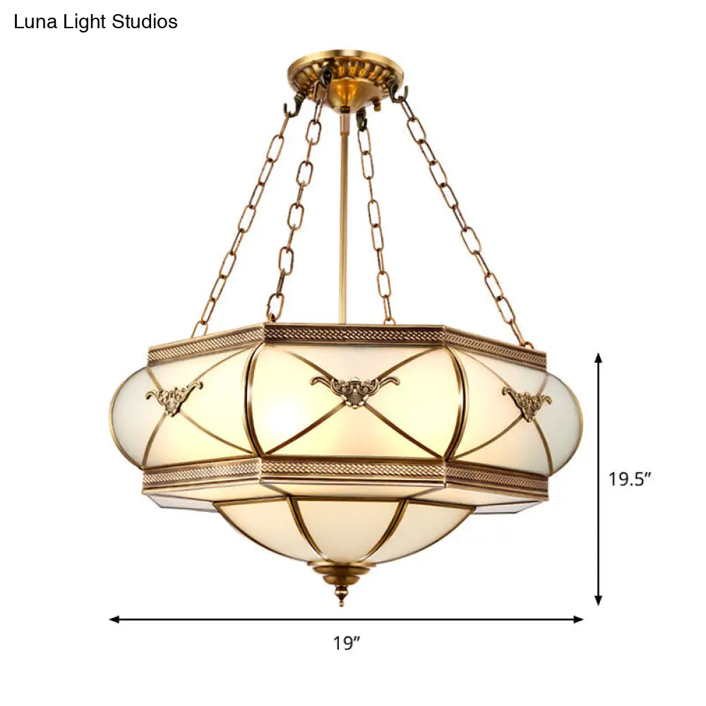 Traditional Brass 4-Headed Flush Mount Lamp With Opal Glass Drum Shade