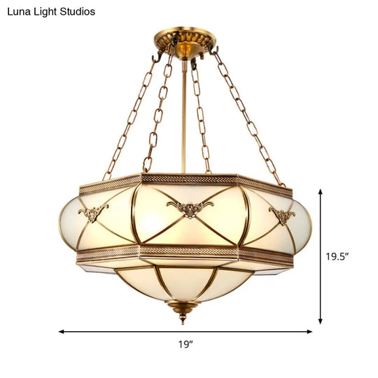 Traditional Brass 4-Headed Flush Mount Lamp With Opal Glass Drum Shade