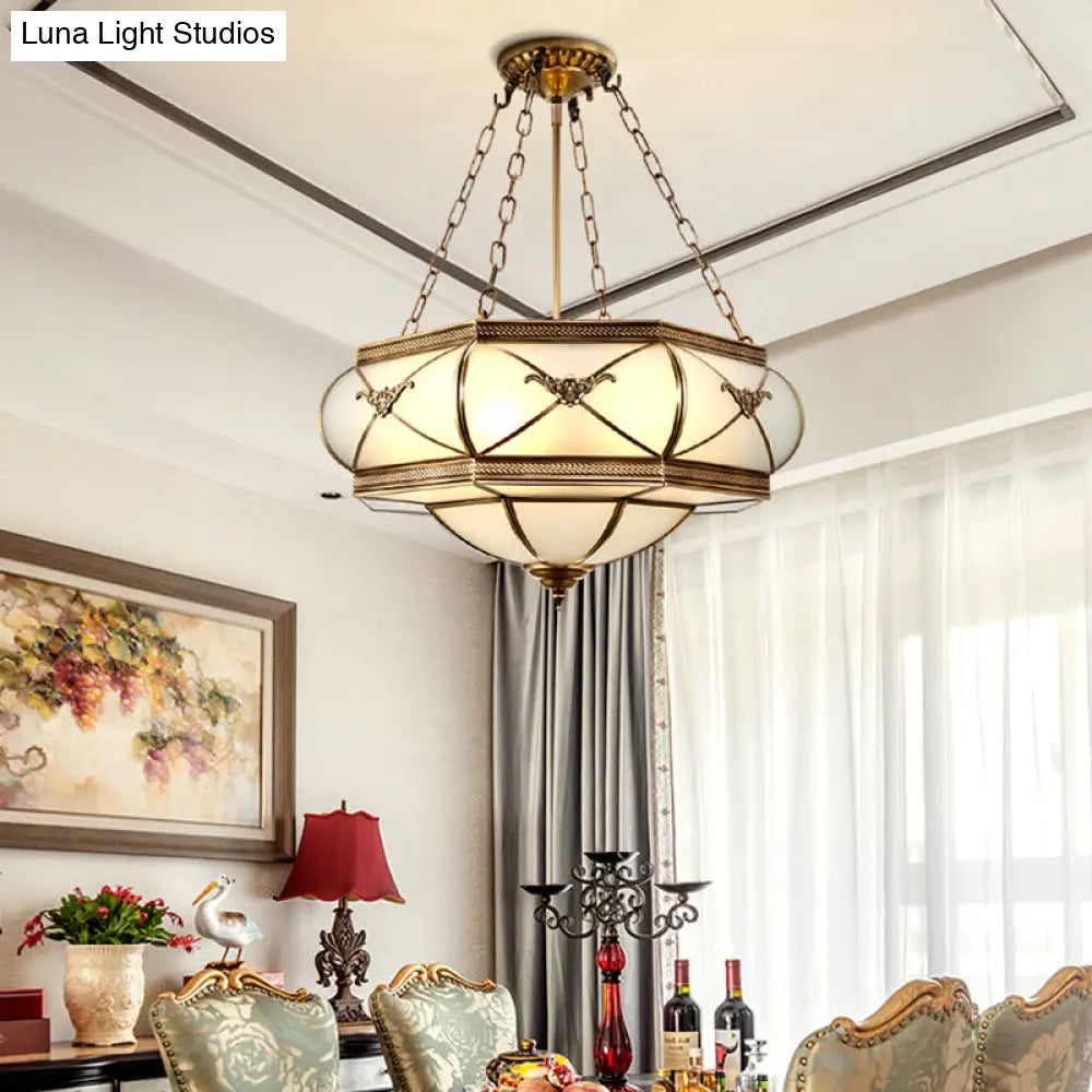 Traditional Brass 4-Headed Flush Mount Lamp With Opal Glass Drum Shade