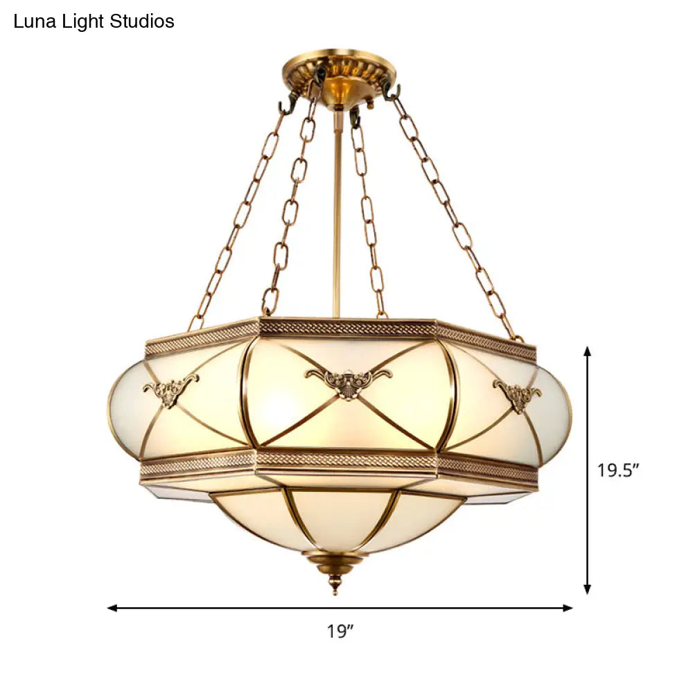 Traditional Brass Semi Flush Mount Ceiling Lamp With Opal Glass Drum – 4 Lights
