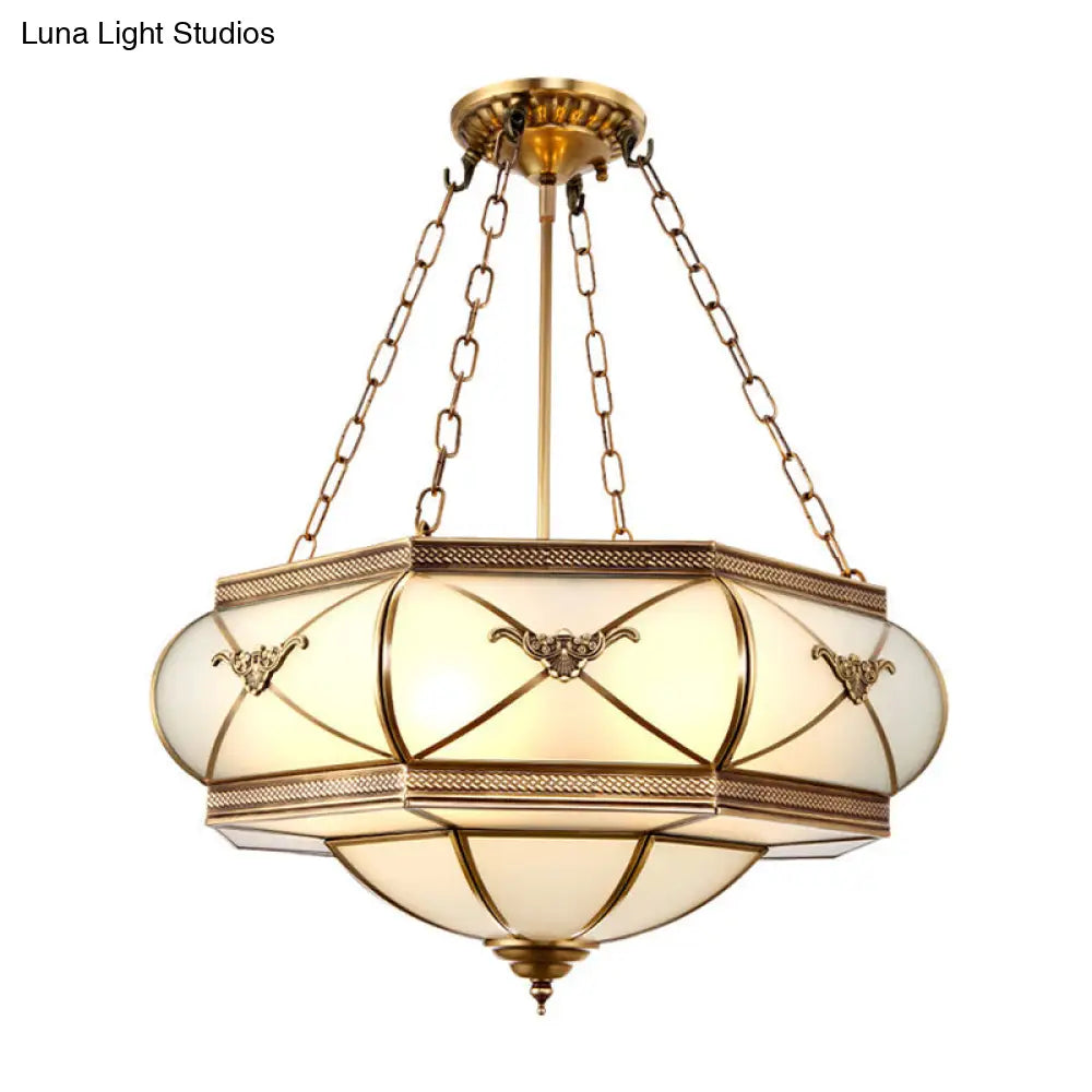 Traditional Brass 4-Headed Flush Mount Lamp With Opal Glass Drum Shade
