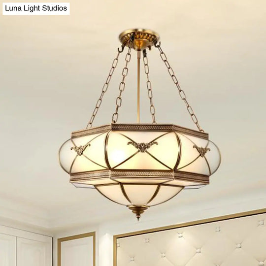 Traditional Brass 4-Headed Flush Mount Lamp With Opal Glass Drum Shade
