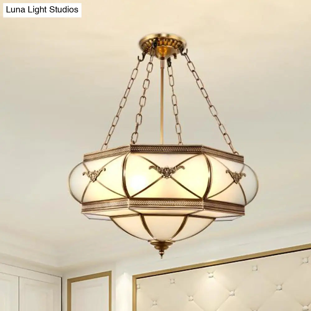 Traditional Brass Semi Flush Mount Ceiling Lamp With Opal Glass Drum – 4 Lights