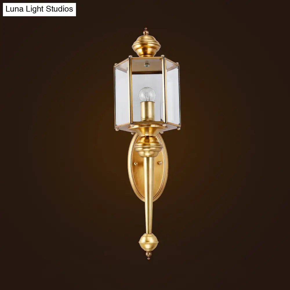 Traditional Brass Wall Light Fixture With Transparent Glass - Polygon Hallway Mount Lighting