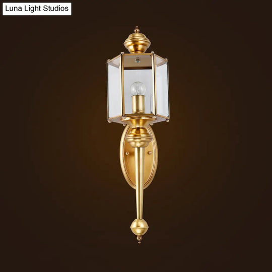 Traditional Brass Wall Light Fixture With Transparent Glass - Polygon Hallway Mount Lighting