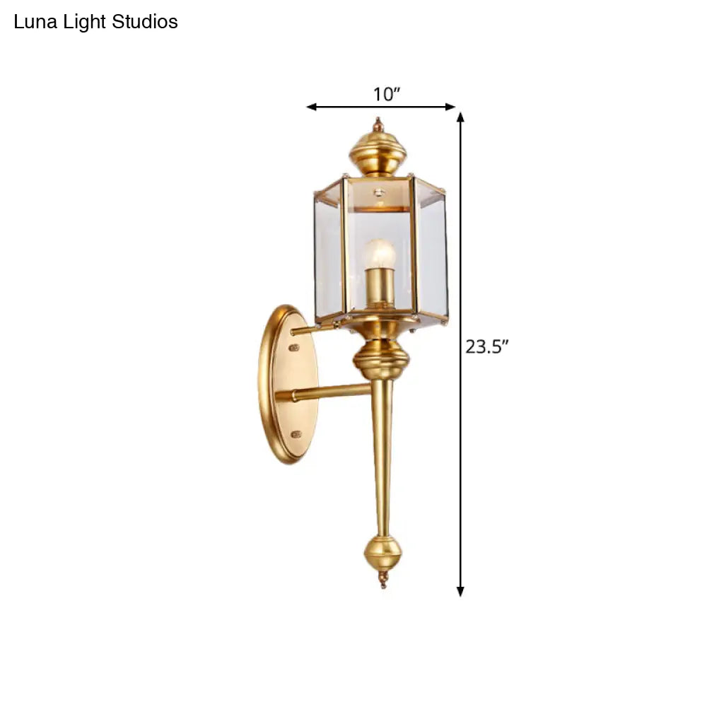 Traditional Brass Wall Light Fixture With Transparent Glass - Polygon Hallway Mount Lighting