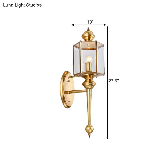 Traditional Brass Wall Light Fixture With Transparent Glass - Polygon Hallway Mount Lighting
