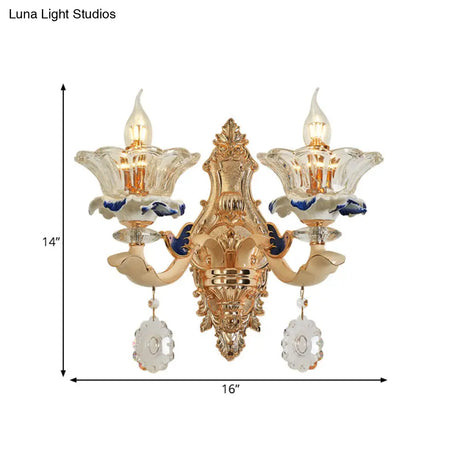 Traditional Brass Wall Sconce Light With Crystal Flower Shade - Perfect For Living Room
