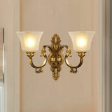 Traditional Bronze 2-Bulb Wall Sconce With Curved Arm And Bell White Glass Shade