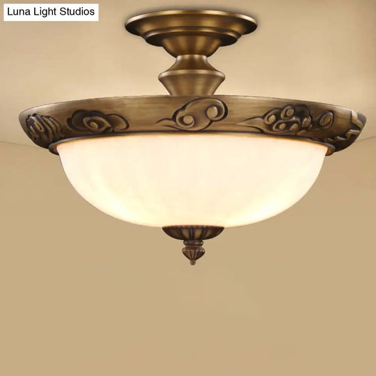 Traditional Bronze Bowl - Shaped Ceiling Lamp With Opal Glass - Elegant Semi - Mount Lighting For