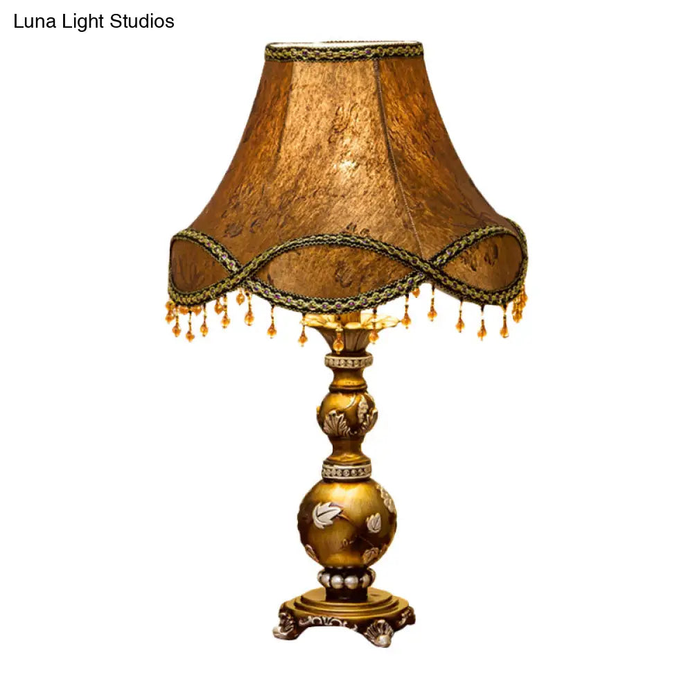Traditional Brown Fabric 1-Light Table Lamp With Scalloped Bell Design 13/16 Width