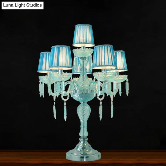 Traditional Crystal Blue Nightstand Lamp With Fabric Shade - Sleep In Style 5/6/7 Bulb Candlestick